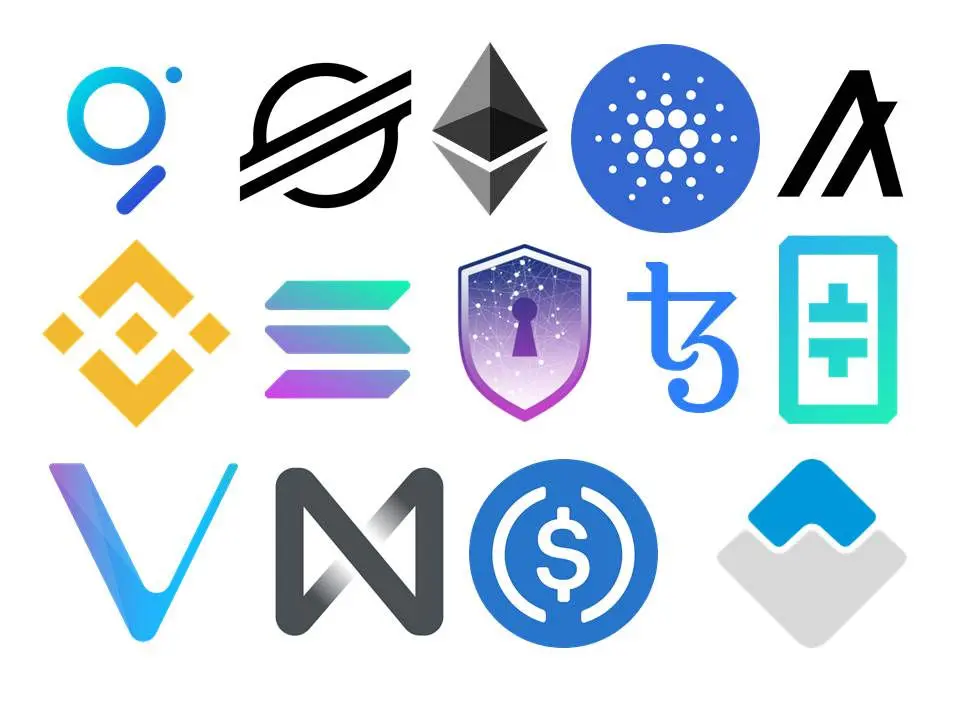 Logos de crypto-actifs et de blockchains : Ethereum, Stellar, Cardano, Binance, Solana, Tezos, VeChain, USD Coin…