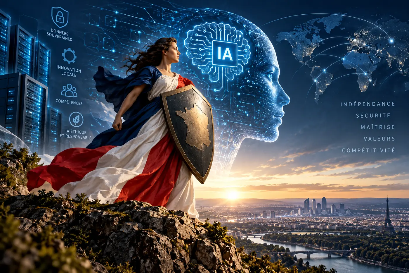 Marianne tenant un bouclier aux contours de la France face à un visage numérique symbolisant l’IA, au-dessus de Paris